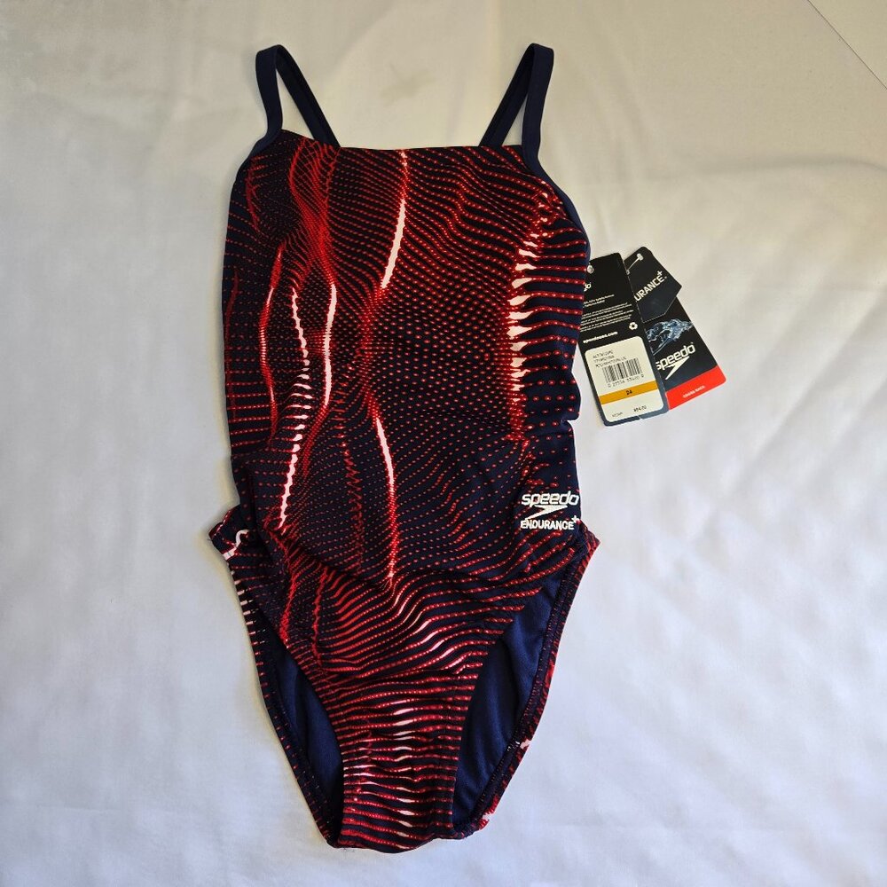 SPEEDO Women Swimsuit One Piece Endurance+ Flyback Printed Adult Sz 24 -R/W/B